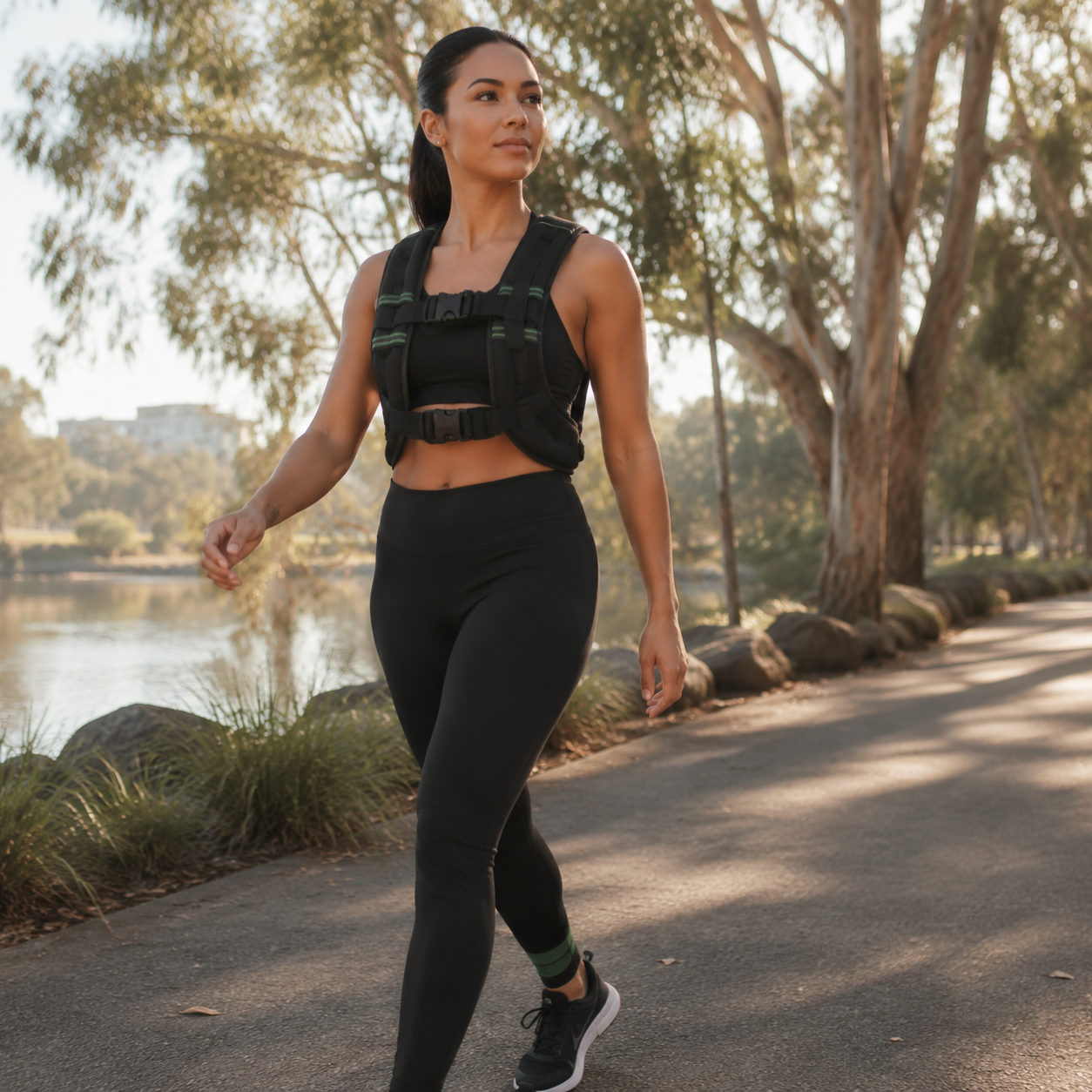 Woman walking in an Australian park in a Stravo weighted vest