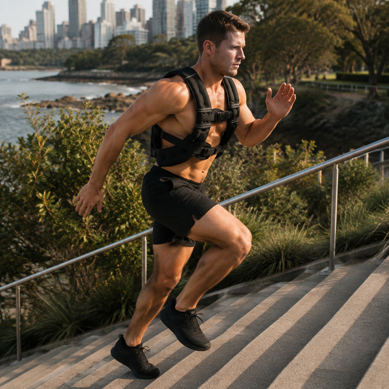 Australian athlete training on stairs in a Stravo weighted vest